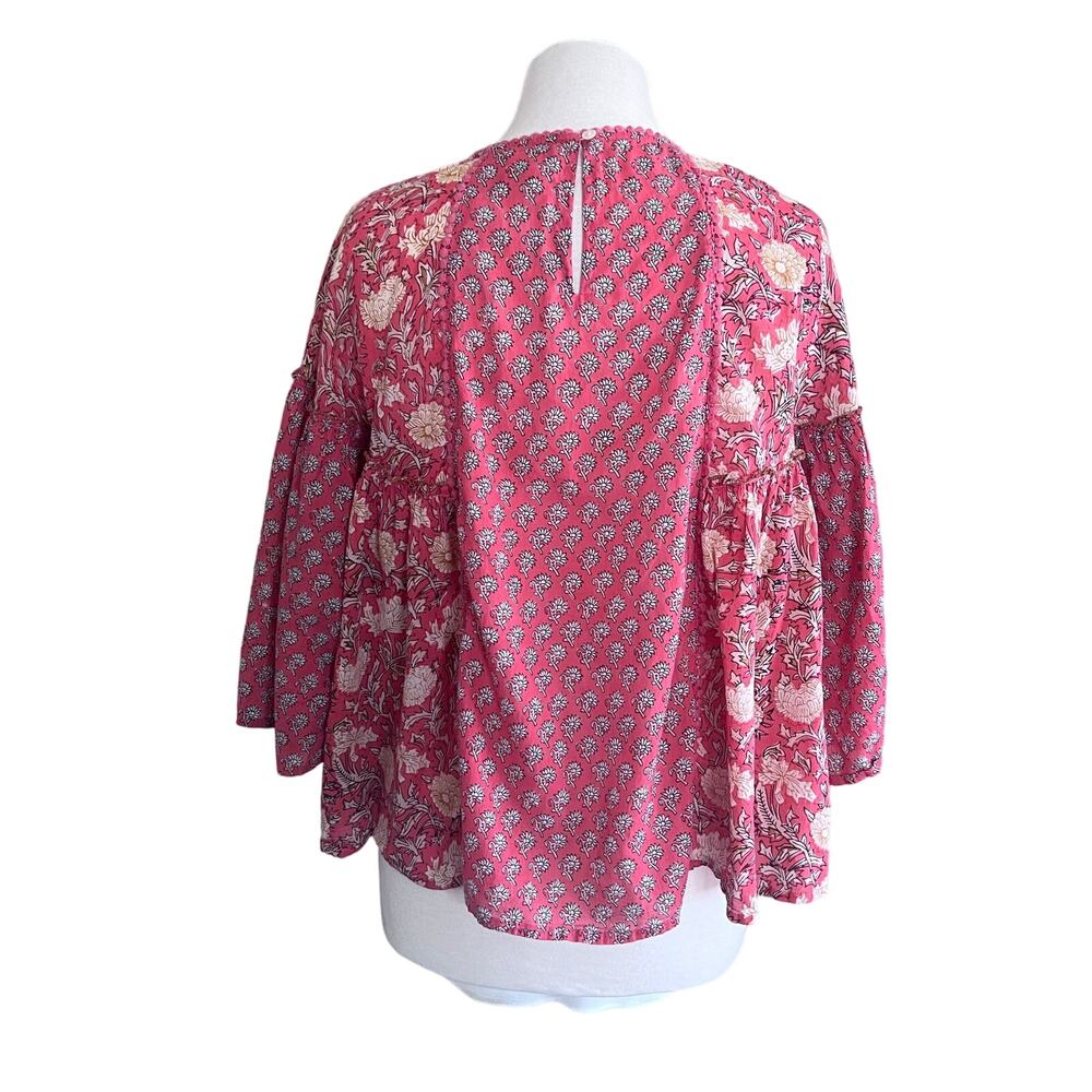 Rachel Zoe 100% Cotton Pink Floral Bell Sleeve Peasant Blouse Top Women's L - Picture 4 of 8